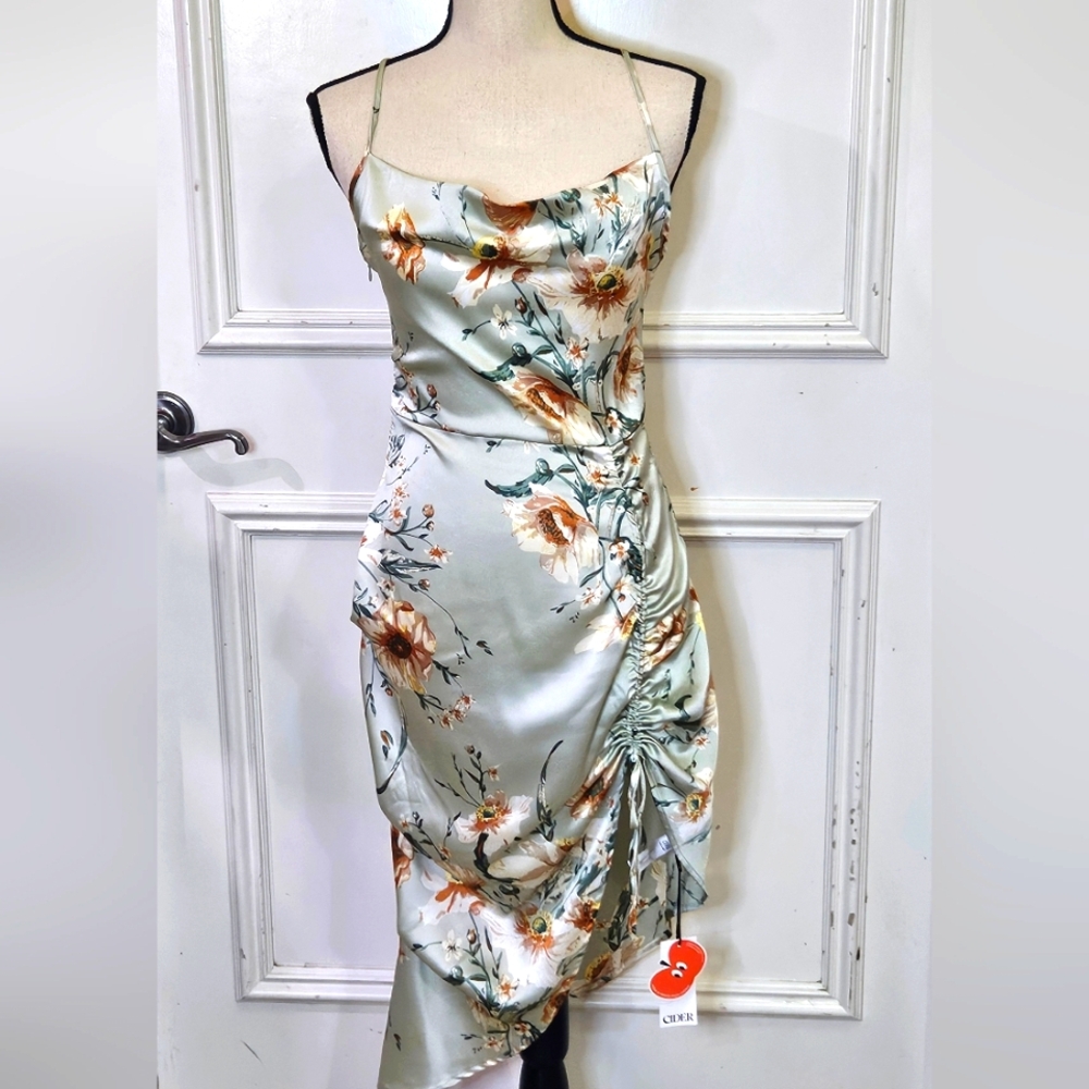 Cider Green Satin Multicolor Floral Asymmetrical Midi Slip Dress,Medium,NWT - Picture 11 of 16